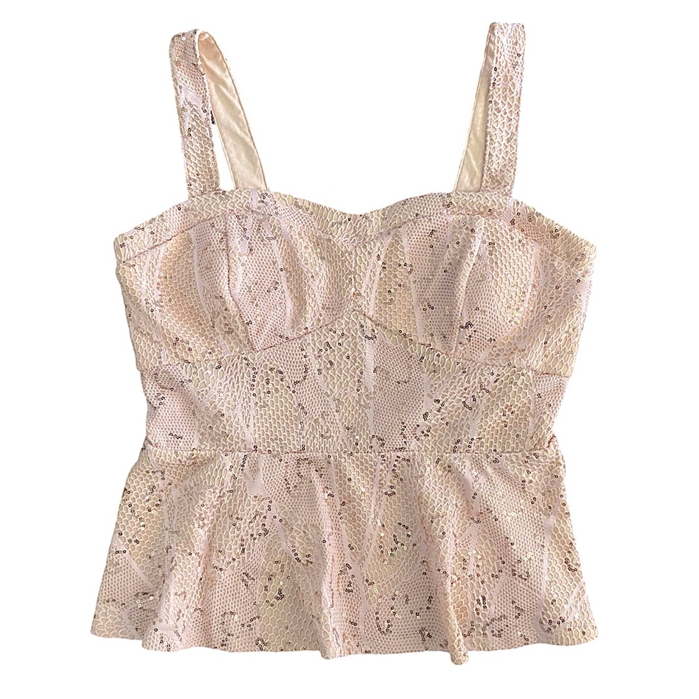 VENUS Crocheted Peplum Sleeveless Too Sequin Detail Sweetheart Neckline Sz L